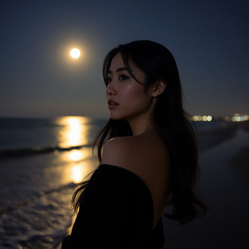 Existing portrait example of a woman beside the ocean in warm evening light